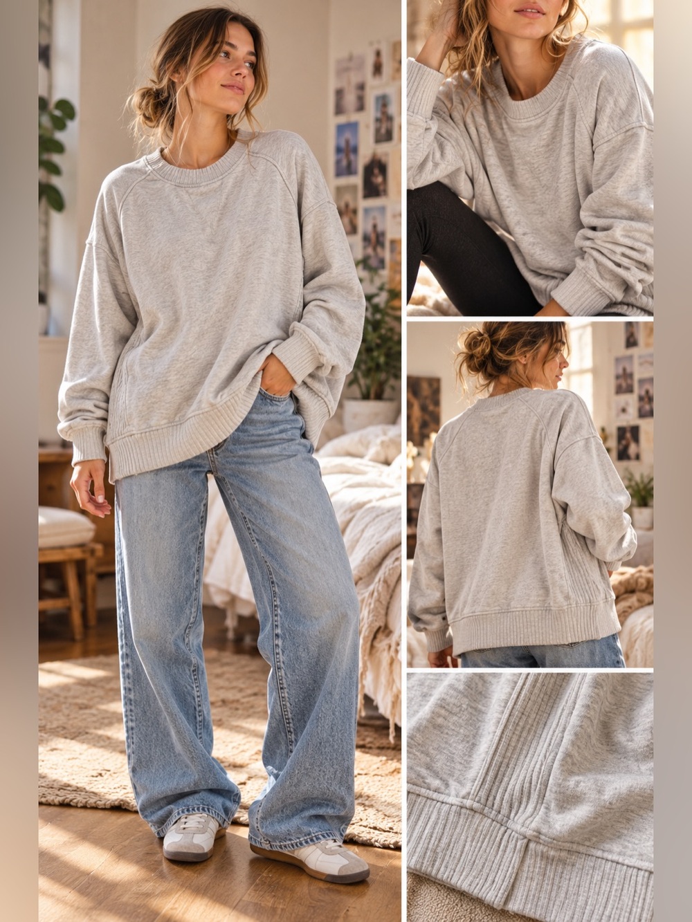 Aerie Oversized Sweatshirt Womens Size M Light Gray Crew Neck Pullover Ribbed